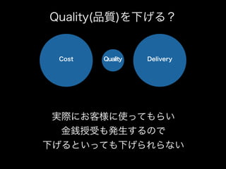QualityCost Delivery
Quality(品質)を下げる？
実際にお客様に使ってもらい
金銭授受も発生するので
下げるといっても下げられらない
 