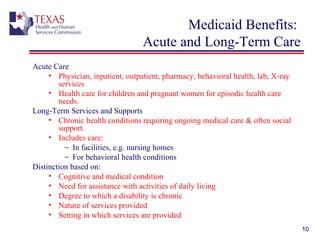10
Medicaid Benefits:
Acute and Long-Term Care
Acute Care
• Physician, inpatient, outpatient, pharmacy, behavioral health, lab, X-ray
services
• Health care for children and pregnant women for episodic health care
needs.
Long-Term Services and Supports
• Chronic health conditions requiring ongoing medical care & often social
support.
• Includes care:
− In facilities, e.g. nursing homes
− For behavioral health conditions
Distinction based on:
• Cognitive and medical condition
• Need for assistance with activities of daily living
• Degree to which a disability is chronic
• Nature of services provided
• Setting in which services are provided
 