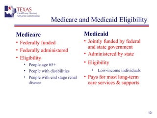 13
Medicare and Medicaid Eligibility
Medicare
• Federally funded
• Federally administered
• Eligibility
• People age 65+
• People with disabilities
• People with end stage renal
disease
Medicaid
• Jointly funded by federal
and state government
• Administered by state
• Eligibility
• Low-income individuals
• Pays for most long-term
care services & supports
 