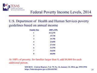 21
Federal Poverty Income Levels, 2014
U.S. Department of Health and Human Services poverty
guidelines based on annual income
SOURCE:  Federal Register, Vol. 79, No. 14, January 22, 2014, pp. 3593-3594
https://federalregister.gov/a/2014-01303 
At 100% of poverty, for families larger than 8, add $4,060 for each
additional person.
Family Size 100% FPL
1 $11,670
2   15,730
3   19,790
4   23,850
5   27,910
6   31,970
7   36,030
8   40,090
 