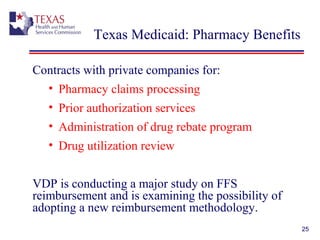 Texas Medicaid: Pharmacy Benefits
Contracts with private companies for:
• Pharmacy claims processing
• Prior authorization services
• Administration of drug rebate program
• Drug utilization review
VDP is conducting a major study on FFS
reimbursement and is examining the possibility of
adopting a new reimbursement methodology.
25
 