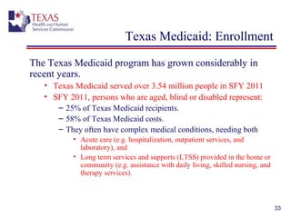 33
Texas Medicaid: Enrollment
The Texas Medicaid program has grown considerably in
recent years.
• Texas Medicaid served over 3.54 million people in SFY 2011
• SFY 2011, persons who are aged, blind or disabled represent:
– 25% of Texas Medicaid recipients.
– 58% of Texas Medicaid costs.
– They often have complex medical conditions, needing both
• Acute care (e.g. hospitalization, outpatient services, and
laboratory), and
• Long term services and supports (LTSS) provided in the home or
community (e.g. assistance with daily living, skilled nursing, and
therapy services).
 