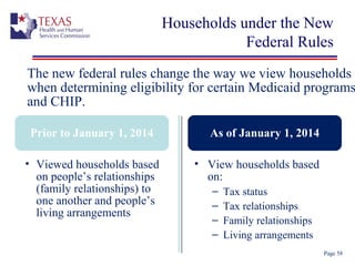 Households under the New
Federal Rules
Page 58
The new federal rules change the way we view households
when determining eligibility for certain Medicaid programs
and CHIP.
Prior to January 1, 2014 As of January 1, 2014
• Viewed households based
on people’s relationships
(family relationships) to
one another and people’s
living arrangements
• View households based
on:
– Tax status
– Tax relationships
– Family relationships
– Living arrangements
 