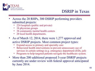 DSRIP in Texas
• Across the 20 RHPs, 300 DSRIP performing providers
submitted projects:
• 224 hospitals (public and private)
• 18 physician groups
• 38 community mental health centers
• 20 local health departments.
• As of March 12, 2014, there were 1,277 approved and
active DSRIP projects. Most common project types:
• Expand access to primary and specialty care
• Behavioral health interventions to prevent unnecessary use of
services in certain settings (e.g. emergency department (ED), jail)
• Programs to help targeted patients navigate the healthcare system.
• More than 200 additional proposed 3-year DSRIP projects
currently are under review with federal approval anticipated
by June 2014.
65
 