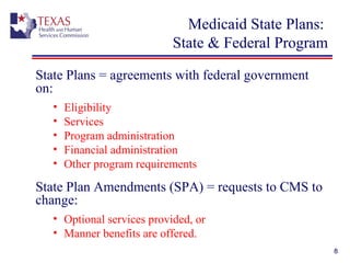 8
Medicaid State Plans:
State & Federal Program
State Plans = agreements with federal government
on:
• Eligibility
• Services
• Program administration
• Financial administration
• Other program requirements
State Plan Amendments (SPA) = requests to CMS to
change:
• Optional services provided, or
• Manner benefits are offered.
 