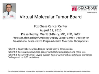 Virtual Molecular Tumor Board
Fox Chase Cancer Center
August 12, 2015
Presented by: Wafik El-Deiry, MD, PhD, FACP
Professor, Hematology/Oncology Deputy Cancer Center; Director for
Translational Research; Co-Program Leader, Molecular Therapeutics
Patient 1: Pancreatic neuroendorcine tumor with C-KIT mutation
Patient 2: Rectosigmoid junction cancer with HER2 amplication and PTEN loss
Patient 3: Recurrent Sertoli-Leydig ovarian tumor with multiple cytotoxic biomarker
findings and no NGS mutations
The information contained in these slides is provided for educational purposes only and has been permanently de-identified.
 
