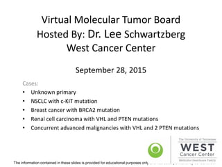 The information contained in these slides is provided for educational purposes only and has been permanently de-identified.
Virtual Molecular Tumor Board
Hosted By: Dr. Lee Schwartzberg
West Cancer Center
September 28, 2015
Cases:
• Unknown primary
• NSCLC with c-KIT mutation
• Breast cancer with BRCA2 mutation
• Renal cell carcinoma with VHL and PTEN mutations
• Concurrent advanced malignancies with VHL and 2 PTEN mutations
 