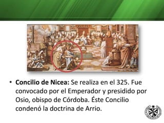 Concilio de Éfeso: Realizado en el año 431. Sobresale la figura del obispo patriarca de Alejandría san Cirilo. Es opositor ferreo de Nestorio. Este concilio definió la naturaleza divina de Jesucristo. Se proclama a María“Madre de Dios”, en cuanto madre de Jesucristo, que es Dios. Concilio de Calcedonia: Celebrado en el 451. Definió que en Jesucristo hay dos naturalezas distintas, una divina y otra humana, pero unidas en una sola persona, que es el Hijo de Dios y segunda persona de la Santa Trinidad.LOS SANTOS PADRES DE LA IGLESIAFue un movimiento de obispos que destacaron por su enseñanza, por su sabiduría y su santidad. 