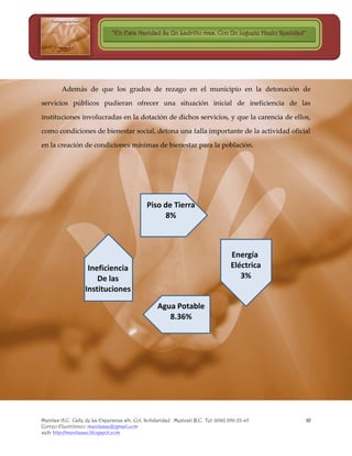 “En Esta Navidad Se Un Ladrillo mas, Con Un Juguete Hazlo Realidad”




        Además de que los grados de rezago en el municipio en la detonación de

servicios públicos pudieran ofrecer una situación inicial de ineficiencia de las

instituciones involucradas en la dotación de dichos servicios, y que la carencia de ellos,

como condiciones de bienestar social, detona una falla importante de la actividad oficial

en la creación de condiciones mínimas de bienestar para la población.




Manitas A.C. Calle de La Esperanza s/n. Col. Solidaridad Mexicali B.C. Tel: (686) 856-23-45          10
Correo Electrónico: manitasac@gmail.com
web: http://manitasac.blogspot.com
 
