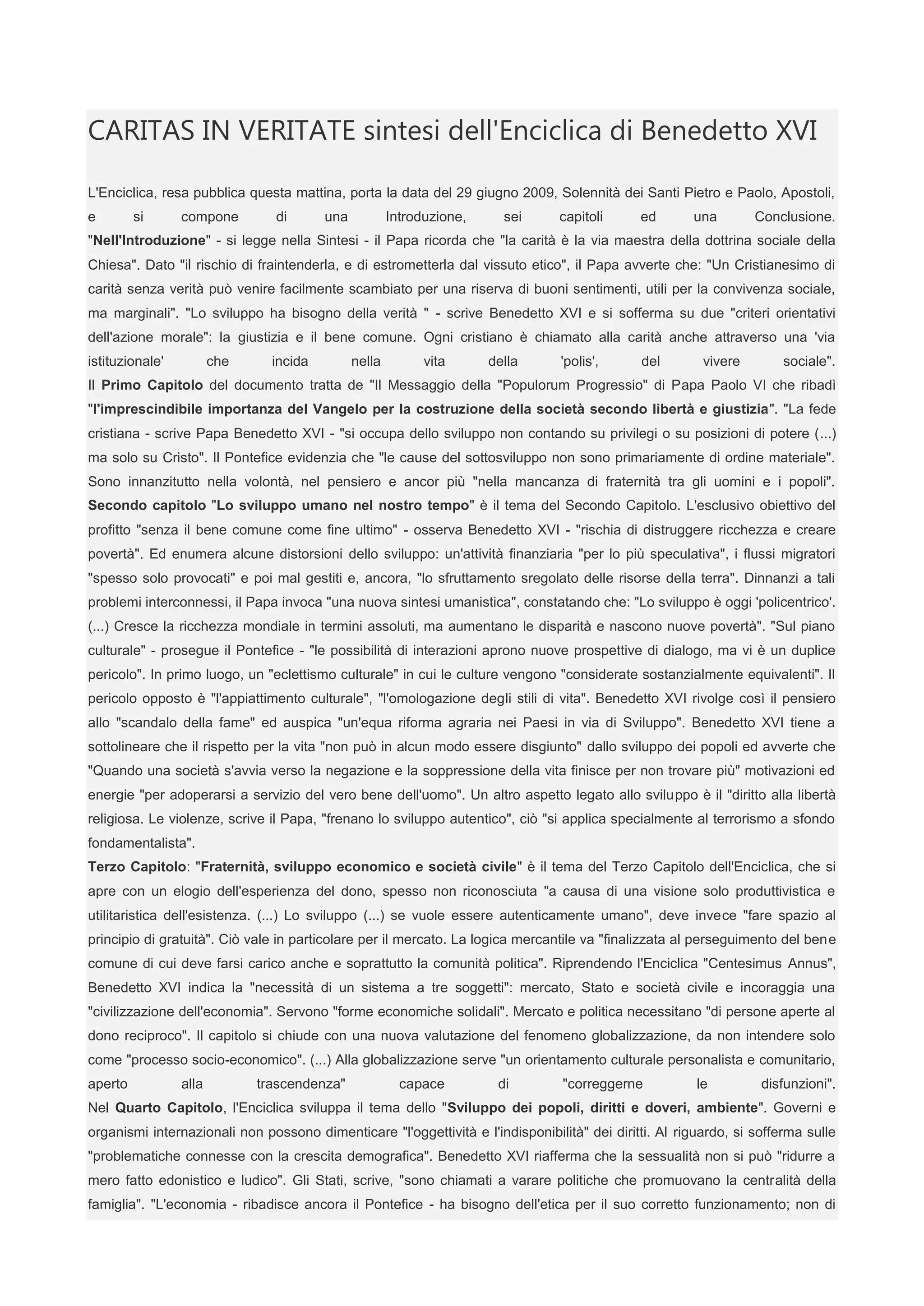 Caritas in veritate sintesi dell | DOCX