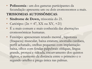 • Polissomia : um dos gametas participantes da
fecundação apresenta um ou dois cromossomos a mais.
TRISSOMIAS AUTOSSÔMICAS:
• Síndrome de Down, trissomia do 21.
• Cariótipo: (2n = 47, XX ou XY, +21)
• É a mais comum e mais conhecida das aberrações
cromossômicas humanas.
• Fenótipo: apresentam retardo mental , hipotonia
(fraqueza) muscular, baixa estatura, anomalia cardíaca,
perfil achatado, orelhas pequenas com implantação
baixa, olhos com fendas palpebrais oblíquas, língua
grande, protusa e sulcada, encurvamento dos quintos
dígitos, e aumento da distância entre o primeiro e o
segundo artelho e prega única nas palmas.
 
