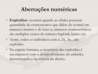 Aberrações numéricas
• Euploidias: ocorrem quando as células possuem
quantidade de cromossomos que difere da normal em
números inteiros e de lotes n; números cromossômicos
são múltiplos exatos do número haplóide básico (n).
• Assim, todos os indivíduos com n, 2n, 3n....são
euplóides.
• Na espécie humana, a ocorrência das euploidias é
incompatível com o desenvolvimento do embrião,
determinando a ocorrência do aborto.
 