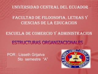 UNIVERSIDAD CENTRAL DEL ECUADOR

  FACULTAD DE FILOOSOFIA, LETRAS Y
     CIENCIAS DE LA EDUCACION

ESCUELA DE COMERCIO Y ADMINISTRACION



POR : Lisseth Grijalva
     5to semestre “A”
 