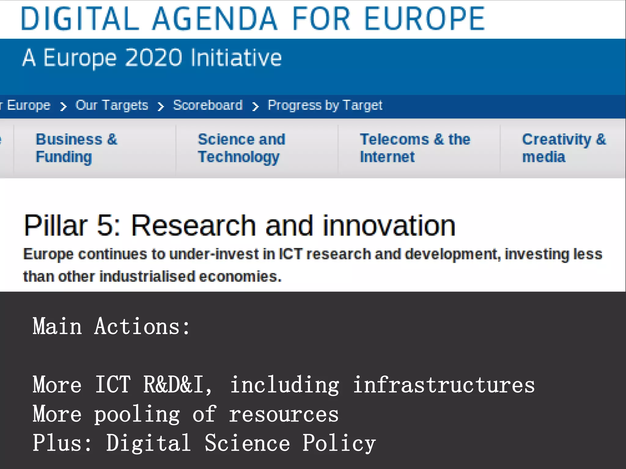 Main Actions: 
More ICT R&D&I, including infrastructures 
More pooling of resources 
Plus: Digital Science Policy  