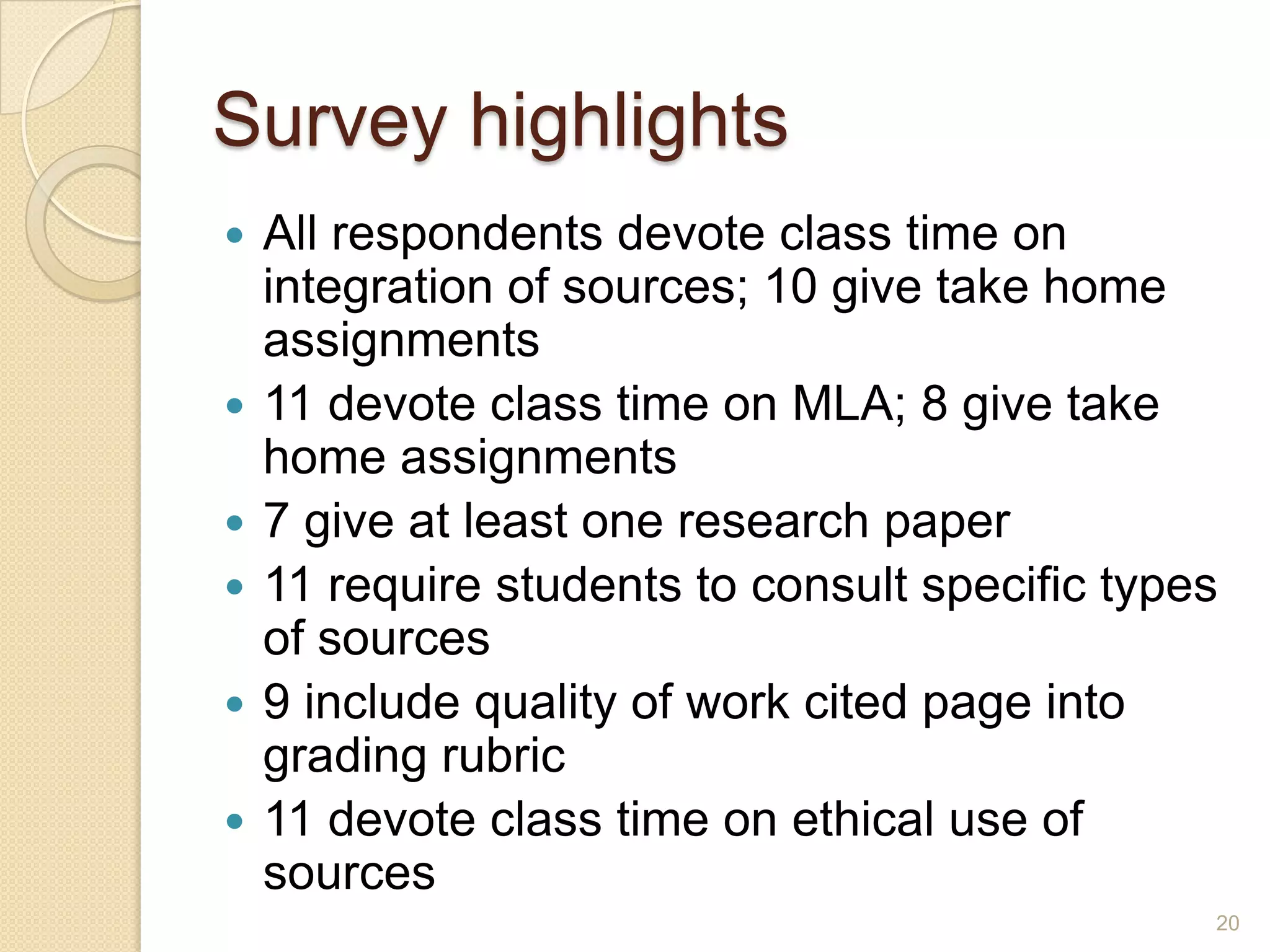 Survey highlights
 All respondents devote class time on
integration of sources; 10 give take home
assignments
 11 devote class time on MLA; 8 give take home
assignments
 7 give at least one research paper
 11 require students to consult specific types of
sources
 9 include quality of work cited page into grading
rubric
 11 devote class time on ethical use of sources
20
 