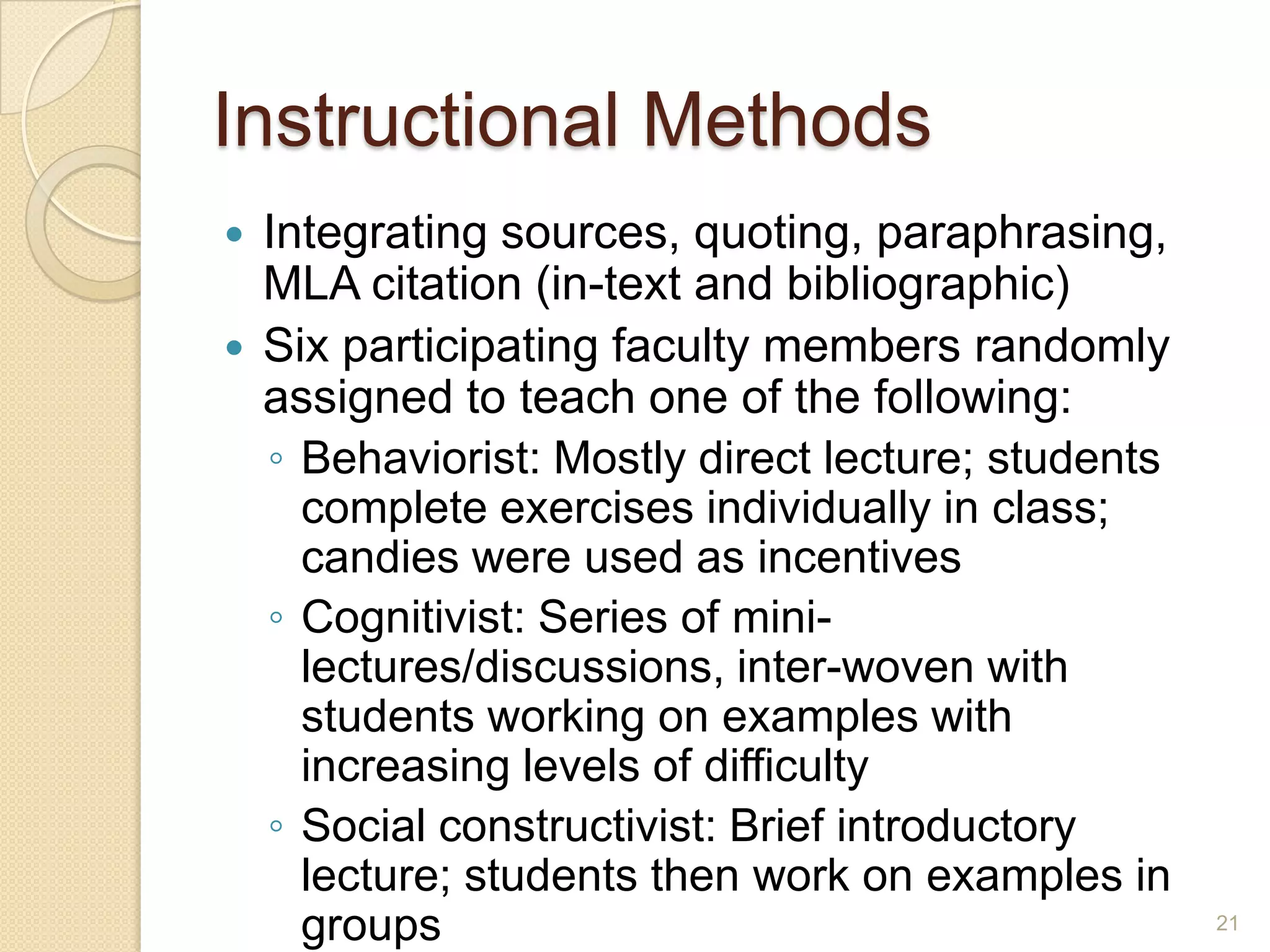 Instructional Methods
 Integrating sources, quoting, paraphrasing, MLA
citation (in-text and bibliographic)
 Six participating faculty members randomly assigned
to teach one of the following:
◦ Behaviorist: Mostly direct lecture; students complete
exercises individually in class; candies were used as
incentives
◦ Cognitivist: Series of mini-lectures/discussions, inter-
woven with students working on examples with
increasing levels of difficulty
◦ Social constructivist: Brief introductory lecture;
students then work on examples in groups
21
 