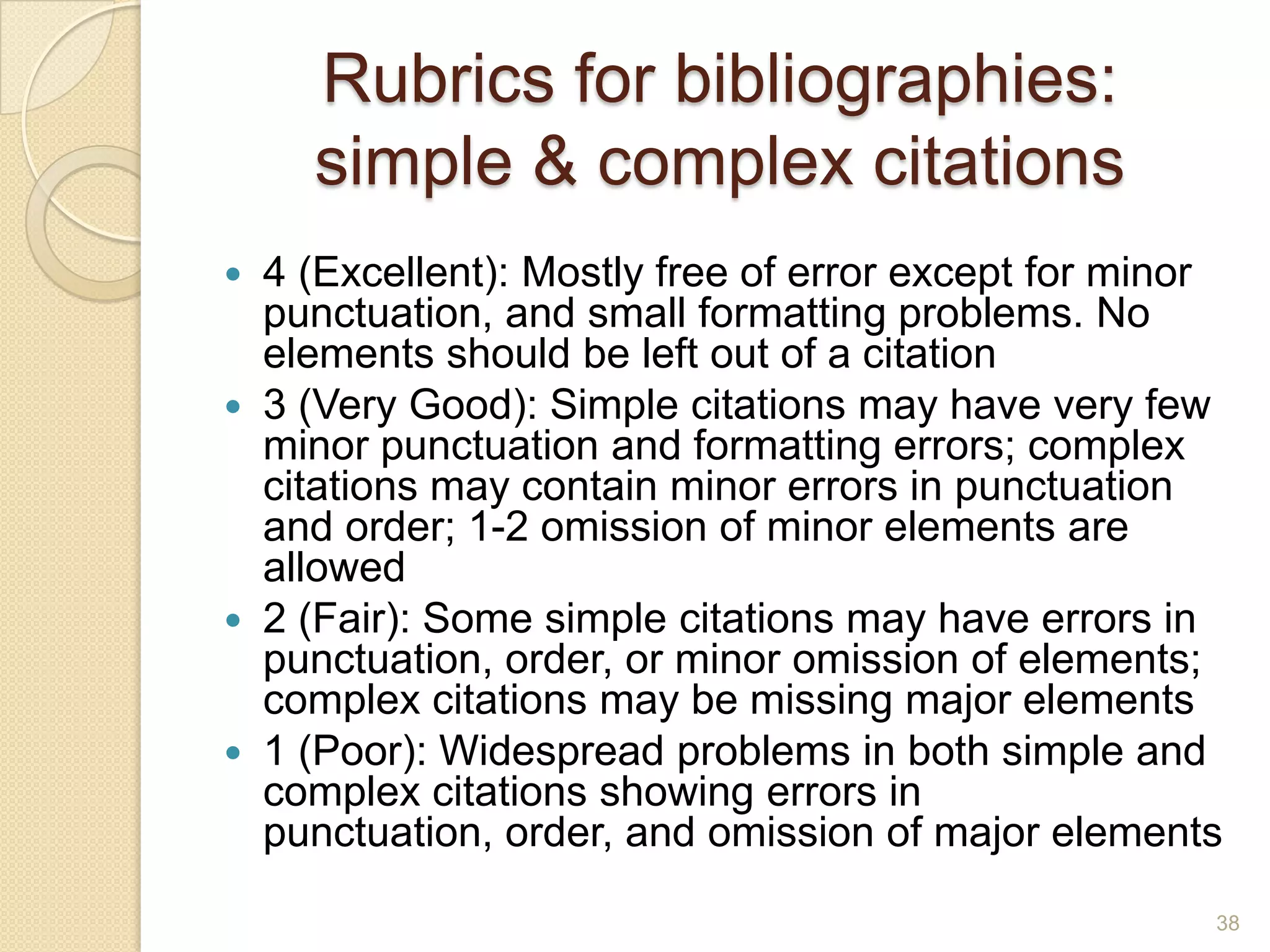 Rubrics for bibliographies:
simple & complex citations
 4 (Excellent): Mostly free of error except for minor
punctuation, and small formatting problems. No
elements should be left out of a citation
 3 (Very Good): Simple citations may have very few
minor punctuation and formatting errors; complex
citations may contain minor errors in punctuation and
order; 1-2 omission of minor elements are allowed
 2 (Fair): Some simple citations may have errors in
punctuation, order, or minor omission of elements;
complex citations may be missing major elements
 1 (Poor):Widespread problems in both simple and
complex citations showing errors in punctuation, order,
and omission of major elements
38
 