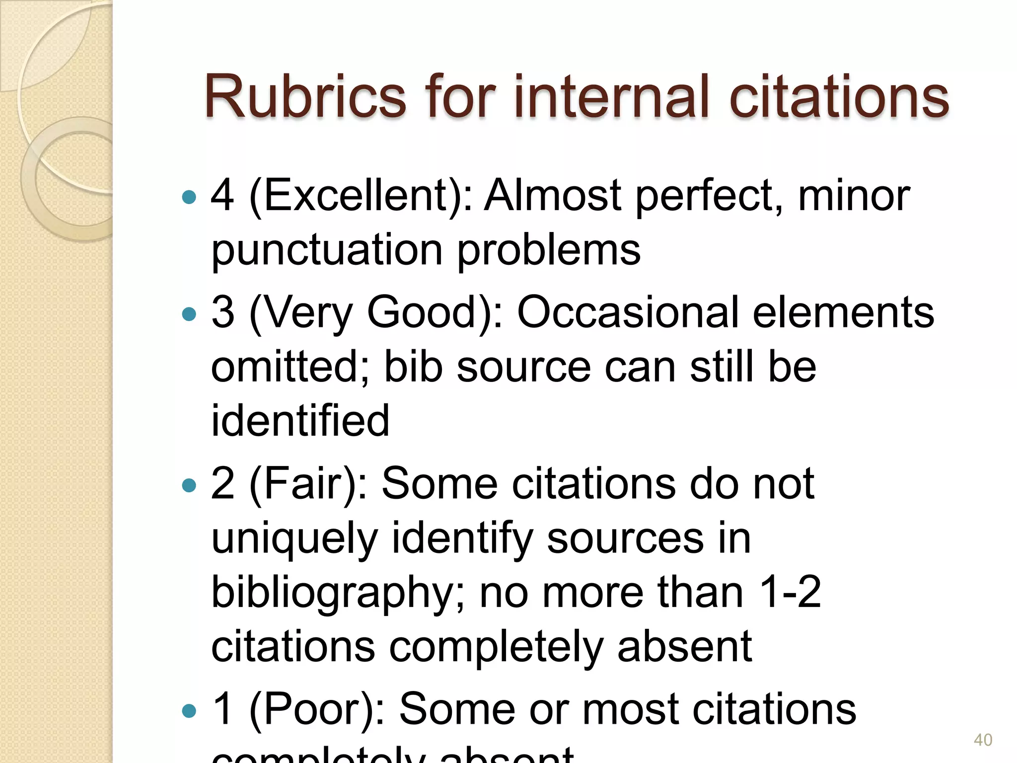 Rubrics for internal citations
 4 (Excellent):Almost perfect, minor
punctuation problems
 3 (Very Good): Occasional elements
omitted; bib source can still be identified
 2 (Fair): Some citations do not uniquely
identify sources in bibliography; no more
than 1-2 citations completely absent
 1 (Poor): Some or most citations completely
absent
40
 