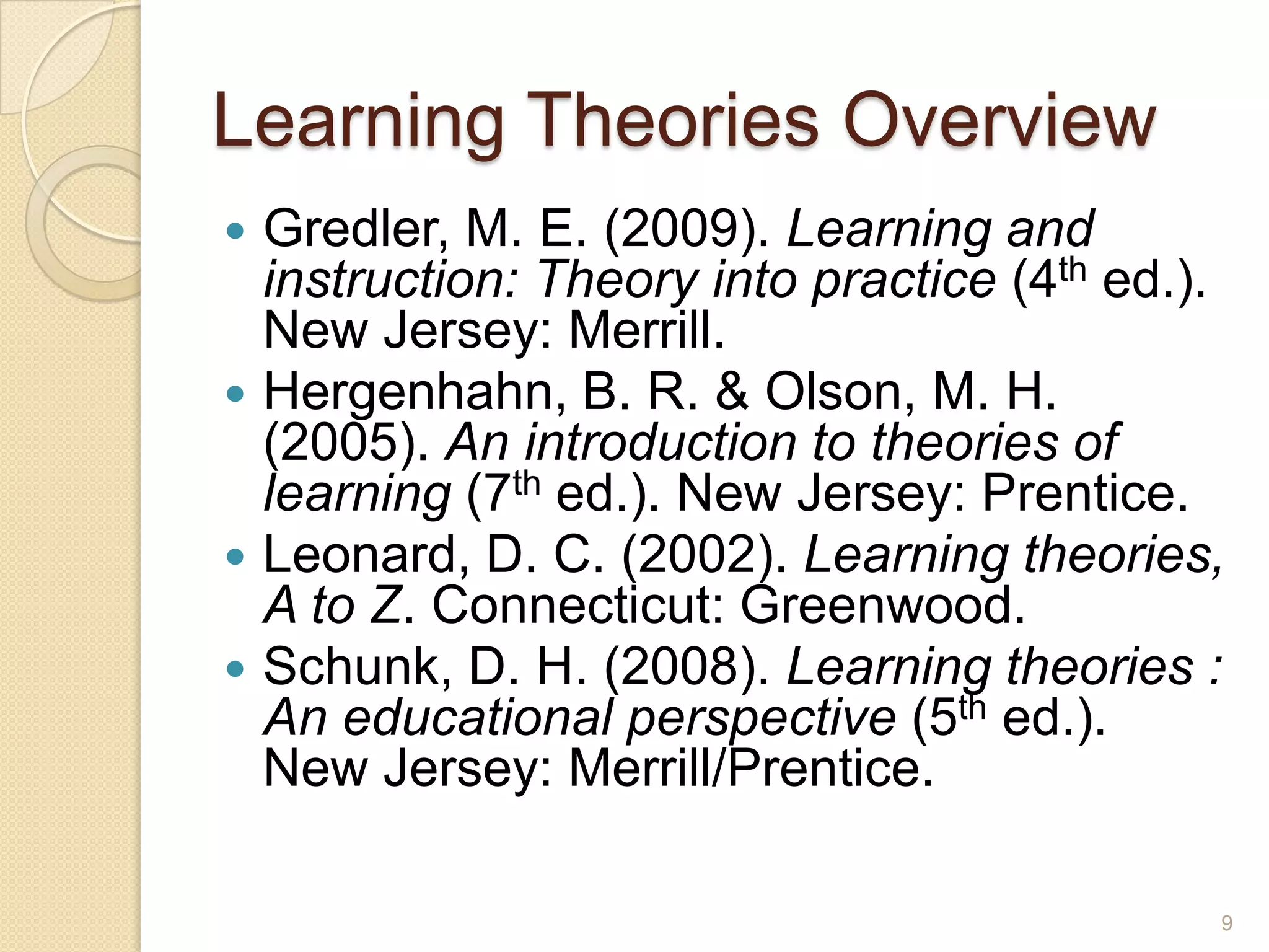 Learning Theories Overview
 Gredler, M. E. (2009). Learning and instruction:
Theory into practice (4th ed.). New Jersey:
Merrill.
 Hergenhahn, B. R. & Olson, M. H. (2005). An
introduction to theories of learning (7th ed.).
New Jersey: Prentice.
 Leonard, D. C. (2002). Learning theories,A to
Z. Connecticut: Greenwood.
 Schunk, D. H. (2008). Learning theories :An
educational perspective (5th ed.). New Jersey:
Merrill/Prentice.
9
 