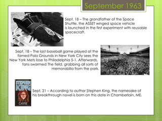 September 1963
Sept. 18 – The grandfather of the Space
Shuttle, the ASSET winged space vehicle
is launched in the first experiment with reusable
spacecraft.
Sept. 18 – The last baseball game played at the
famed Polo Grounds in New York City sees the
New York Mets lose to Philadelphia 5-1. Afterwards,
fans swarmed The field, grabbing all sorts of
memorabilia from the park.
Sept. 21 – According to author Stephen King, the namesake of
his breakthrough novel is born on this date in Chamberlain, ME.
 