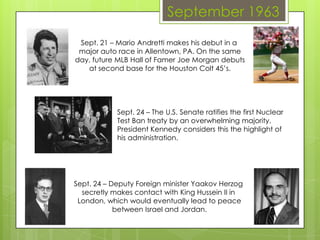 September 1963
Sept. 21 – Mario Andretti makes his debut in a
major auto race in Allentown, PA. On the same
day, future MLB Hall of Famer Joe Morgan debuts
at second base for the Houston Colt 45’s.
Sept. 24 – The U.S. Senate ratifies the first Nuclear
Test Ban treaty by an overwhelming majority.
President Kennedy considers this the highlight of
his administration.
Sept. 24 – Deputy Foreign minister Yaakov Herzog
secretly makes contact with King Hussein II in
London, which would eventually lead to peace
between Israel and Jordan.
 