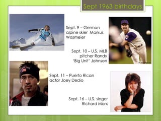 Sept 1963 birthdays
Sept. 9 – German
alpine skier Markus
Wasmeier
Sept. 10 – U.S. MLB
pitcher Randy
‘Big Unit’ Johnson
Sept. 11 – Puerto Rican
actor Joey Dedio
Sept. 16 – U.S. singer
Richard Marx
 