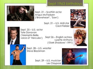 Sept 1963 birthdays
Sept. 21 – U.S. MLB star
Cecil Fielder
Sept. 25 – U.S. actor
Tate Donovan
(‘Memphis Belle,
voice of ‘Hercules’) Sept 26 – English actress
Lysette Anthony
(‘Dark Shadows’-1991)
Sept. 21 – Scottish actor
Angus McFadyen
(‘Braveheart’, ‘Saw’)
Sept. 28 – U.S. wrestler
Steve Blackman
Sept. 29 – U.S. musician
Les Claypool
 