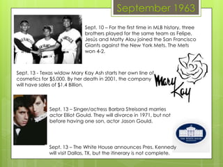 September 1963
Sept. 13 - Texas widow Mary Kay Ash starts her own line of
cosmetics for $5,000. By her death in 2001, the company
will have sales of $1.4 Billion.
Sept. 13 – Singer/actress Barbra Streisand marries
actor Elliot Gould. They will divorce in 1971, but not
before having one son, actor Jason Gould.
Sept. 10 – For the first time in MLB history, three
brothers played for the same team as Felipe,
Jesús and Matty Alou joined the San Francisco
Giants against the New York Mets. The Mets
won 4-2.
Sept. 13 – The White House announces Pres. Kennedy
will visit Dallas, TX, but the itinerary is not complete.
 
