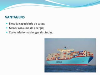 VANTAGENS
 Elevada capacidade de carga;
 Menor consumo de energia;
 Custo inferior nas longas distâncias.
 