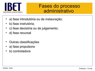 Fases do processo administrativo   a) fase introdutória ou de instauração;  b) fase instrutória;  c) fase decisória ou de julgamento;  d) fase recursal Outras classificações a) fase propulsora b) controladora Cidade - Data Professor – E-mail 