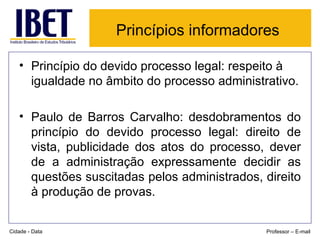 Princípios informadores   Princípio do devido processo legal: respeito à igualdade no âmbito do processo administrativo. Paulo de Barros Carvalho: desdobramentos do princípio do devido processo legal: direito de vista, publicidade dos atos do processo, dever de a administração expressamente decidir as questões suscitadas pelos administrados, direito à produção de provas. Cidade - Data Professor – E-mail 