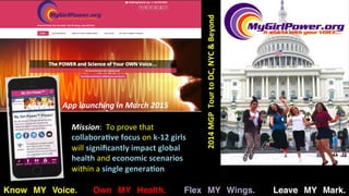 Know MY Voice. Own MY Health.. Flex MY Wings.. Leave MY Mark.!
Mission:	
  	
  To	
  prove	
  that	
  
collabora5ve	
  focus	
  on	
  k-­‐12	
  girls	
  
will	
  signiﬁcantly	
  impact	
  global	
  
health	
  and	
  economic	
  scenarios	
  
within	
  a	
  single	
  genera5on	
  
App	
  launching	
  in	
  March	
  2015	
  
 
