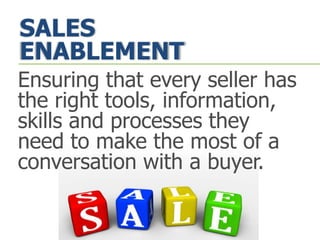 SALES
ENABLEMENT
Ensuring that every seller has
the right tools, information,
skills and processes they
need to make the most of a
conversation with a buyer.
 