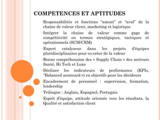 COMPETENCES ET APTITUDES
  • Responsabilitéset fonctions “amont” et “aval” de la
  chaine de valeur client, marketing et logistique
  • Intégrer la chaine de valeur comme gage de
  compétitivité en termes stratégiques, tactiques et
  opérationnels (SCM/CRM)
  • Expert   catalyseur   dans     les    projets   d’équipes
  pluridisciplinaires pour co-créer de la valeur
  • Bonnecompréhension des « Supply Chain » des secteurs
  Santé, Hi Tech et Luxe
  • Déclinerles indicateurs de performance (KPIs,
  “Balanced scorecard ») en objectifs pour les décideurs
  • Encadrement      de personnel : supervision, formation,
  leadership
  • Trilingue   : Anglais, Espagnol, Portugais
  • Esprit
         d’équipe, attitude orientée vers les résultats, la
  Qualité et satisfaction client
 