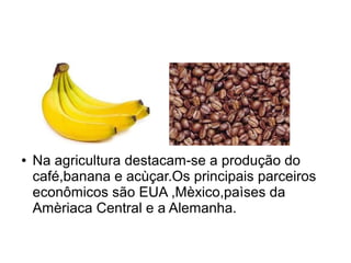 ● Na agricultura destacam-se a produção do
café,banana e acùçar.Os principais parceiros
econômicos são EUA ,Mèxico,paìses da
Amèriaca Central e a Alemanha.