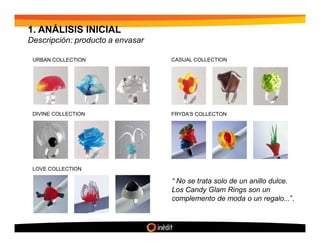 1. ANÁLISIS INICIAL
Descripción: producto a envasar

 URBAN COLLECTION                 CASUAL COLLECTION




 DIVINE COLLECTION                FRYDA’S COLLECTON




 LOVE COLLECTION

                                  “ No se trata solo de un anillo dulce.
                                  Los Candy Glam Rings son un
                                  complemento de moda o un regalo...”.
 