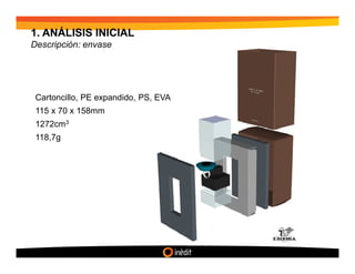 1. ANÁLISIS INICIAL
Descripción: envase




 Cartoncillo, PE expandido, PS, EVA
 115 x 70 x 158mm
 1272cm3
 118,7g
 