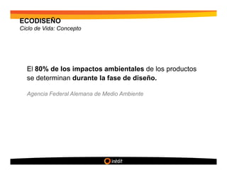 ECODISEÑO
Ciclo de Vida: Concepto




  El 80% de los impactos ambientales de los productos
  se determinan durante la fase de diseño.

  Agencia Federal Alemana de Medio Ambiente
 