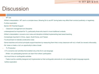 IV. 연구 결과 및 논의

Discussion


MT use
-Writer’s interpretation : MT use is a complex issue. Allowing Ss to use MT during tasks may affect their conduct positively or negatively.
-Further exploration
-Barrier VS Potential Support



Classroom management and discipline
-underexplored but important for Ts, particularly those who teach in more traditional contexts.
-Writer’s interpretation: concerns over noise and discipline inhibited implementing task based teaching
-Increasingly important in China, Japan, South Korea, and Taiwan
-Ts should learn to tolerate constructive noise
-Senior teachers and school principals support teachers by reassuring them that a noisy classroom will not, in itself, be viewed unfavorably.

-Ss’ views on tasks: a lull, an opportunity to take a break


TL Production
-3 Ts concerns over activities that enabled only a few Ss to use language
: Writer: non participating learners can learn from others’ participation
-too much time on nonlinguistic activities
: Tasks must be carefully designed and implemented so that nonlinguistic elements do not outweigh English language aspects

-further exploration

 