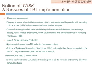 II 이론적 배경 및 선행 연구

Notion of TASK
& 3 issues of TBL implementation


Classroom Management

-Tensions are arise when facilitative teacher roles in task-based teaching conflict with prevailing
cultural norms that indicate a more authoritative teacher persona
-Communicative approaches have had little impact in state schools because they encourge
activity, noise, initative and disorder, which usually conflict with the normal ethos of schooling
(Tomlinson, 1988)


Issue 3 Target Language Production
-Need emprical research on TBL in foreign language contexts
-Critique of Task-based interaction (Seedhouse, 1999) “~students often focus on completing the
task ~ “ Ex) Students completed survey task in silence
-Because of no need to communicate
-Possible solution(Lin and Luk, 2002): to make explicit to Ss the rationale and learning objectives
behand the tasks

 