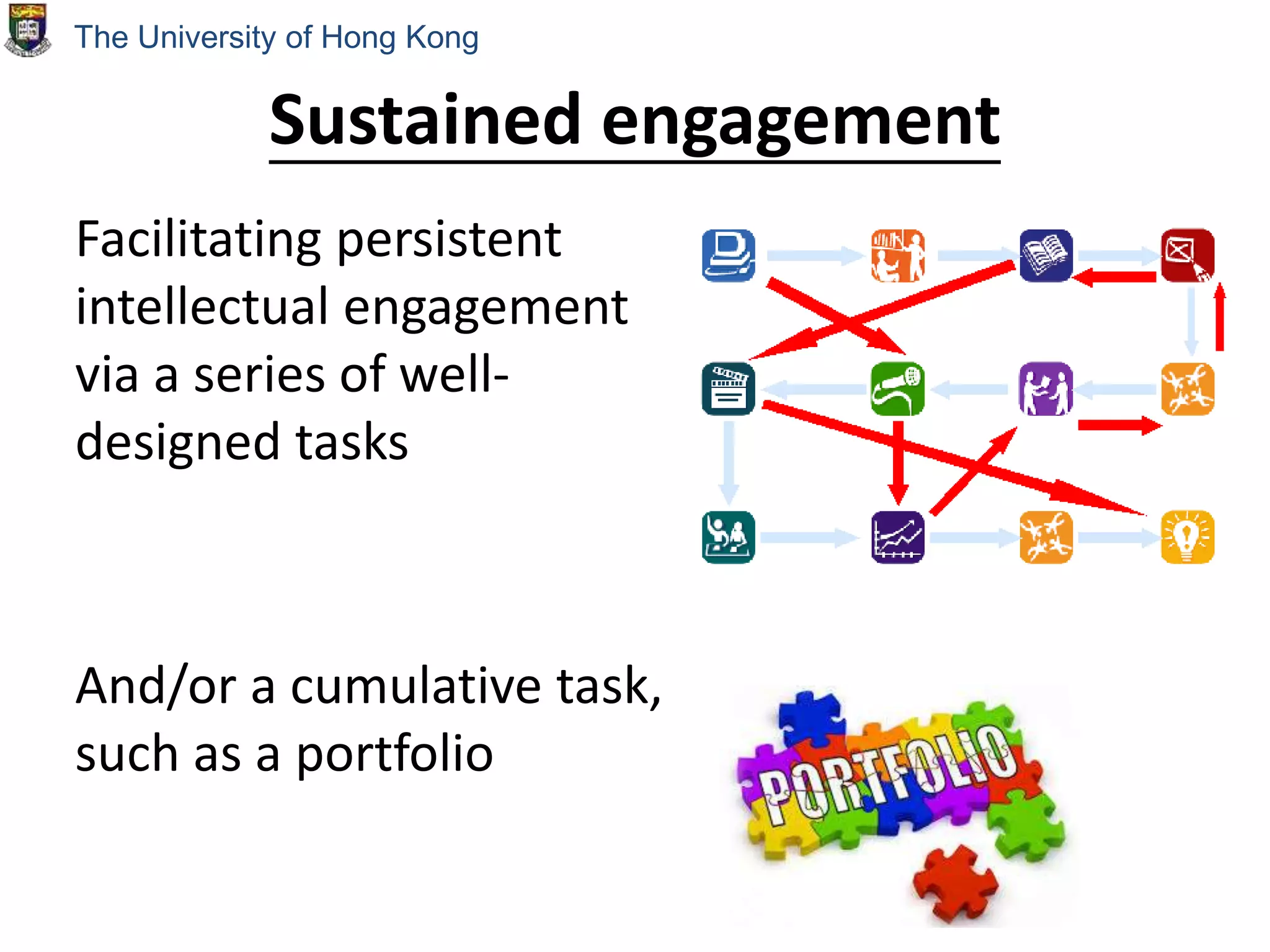 Sustained engagement
Facilitating persistent
intellectual engagement
via a series of well-
designed tasks
And/or a cumulative task,
such as a portfolio
The University of Hong Kong
 