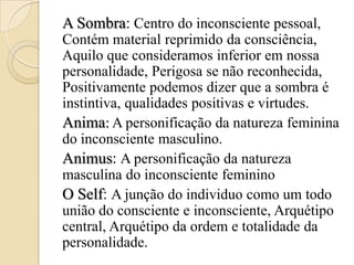 A Sombra: Centro do inconsciente pessoal,
Contém material reprimido da consciência,
Aquilo que consideramos inferior em nossa
personalidade, Perigosa se não reconhecida,
Positivamente podemos dizer que a sombra é
instintiva, qualidades positivas e virtudes.
Anima: A personificação da natureza feminina
do inconsciente masculino.
Animus: A personificação da natureza
masculina do inconsciente feminino
O Self: A junção do individuo como um todo
união do consciente e inconsciente, Arquétipo
central, Arquétipo da ordem e totalidade da
personalidade.

 