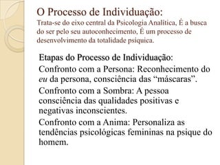 O Processo de Individuação:
Trata-se do eixo central da Psicologia Analítica, É a busca
do ser pelo seu autoconhecimento, É um processo de
desenvolvimento da totalidade psíquica.

Etapas do Processo de Individuação:
Confronto com a Persona: Reconhecimento do
eu da persona, consciência das “máscaras”.
Confronto com a Sombra: A pessoa
consciência das qualidades positivas e
negativas inconscientes.
Confronto com a Anima: Personaliza as
tendências psicológicas femininas na psique do
homem.

 