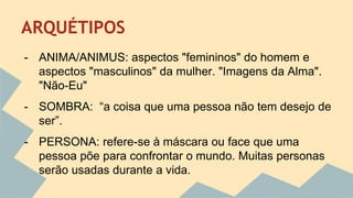 ARQUÉTIPOS 
- ANIMA/ANIMUS: aspectos "femininos" do homem e 
aspectos "masculinos" da mulher. "Imagens da Alma". 
"Não-Eu" 
- SOMBRA: “a coisa que uma pessoa não tem desejo de 
ser”. 
- PERSONA: refere-se à máscara ou face que uma 
pessoa põe para confrontar o mundo. Muitas personas 
serão usadas durante a vida. 
 