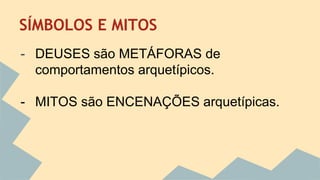 SÍMBOLOS E MITOS 
- DEUSES são METÁFORAS de 
comportamentos arquetípicos. 
- MITOS são ENCENAÇÕES arquetípicas. 
