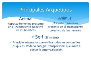 Principales Arquetipos
Anima:
Aspecto femenino presente
en el inconsciente colectivo
de los hombres
 Self Sí mismo
 Principio integrador que unifica todos los contenidos
psíquicos. Poder o energía transpersonal que insita a
buscar la autorrealización.
Animus:
Aspecto masculino
presente en el inconsciente
colectivo de las mujeres
 