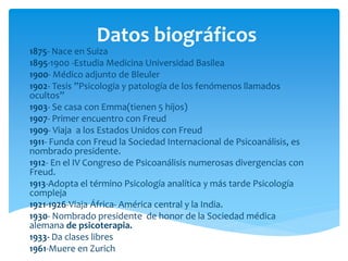 Datos biográficos
1875- Nace en Suiza
1895-1900 -Estudia Medicina Universidad Basilea
1900- Médico adjunto de Bleuler
1902- Tesis ”Psicología y patología de los fenómenos llamados
ocultos”
1903- Se casa con Emma(tienen 5 hijos)
1907- Primer encuentro con Freud
1909- Viaja a los Estados Unidos con Freud
1911- Funda con Freud la Sociedad Internacional de Psicoanálisis, es
nombrado presidente.
1912- En el IV Congreso de Psicoanálisis numerosas divergencias con
Freud.
1913-Adopta el término Psicología analítica y más tarde Psicología
compleja
1921-1926-Viaja África- América central y la India.
1930- Nombrado presidente de honor de la Sociedad médica
alemana de psicoterapia.
1933- Da clases libres
1961-Muere en Zurich
 