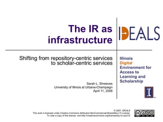 The IR as infrastructure Shifting from repository-centric services to scholar-centric services Sarah L. Shreeves University of Illinois at Urbana-Champaign April 11, 2008 