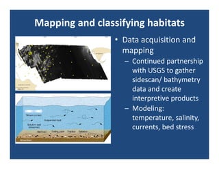 Mapping and classifying habitats
                 • Data acquisition and 
                   mapping
                   – Continued partnership 
                     with USGS to gather 
                     sidescan/ bathymetry 
                     data and create 
                     interpretive products
                   – Modeling: 
                     temperature, salinity, 
                     currents, bed stress
 