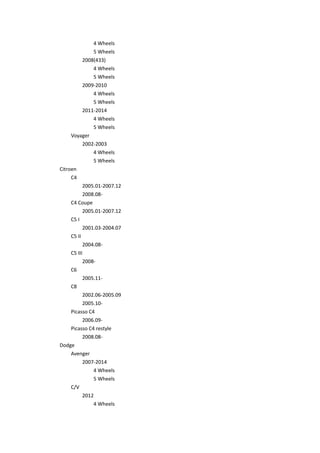4 Wheels
5 Wheels
2008(433)
4 Wheels
5 Wheels
2009-2010
4 Wheels
5 Wheels
2011-2014
4 Wheels
5 Wheels
Voyager
2002-2003
4 Wheels
5 Wheels
Citroen
C4
2005.01-2007.12
2008.08-
C4 Coupe
2005.01-2007.12
C5 I
2001.03-2004.07
C5 II
2004.08-
C5 III
2008-
C6
2005.11-
C8
2002.06-2005.09
2005.10-
Picasso C4
2006.09-
Picasso C4 restyle
2008.08-
Dodge
Avenger
2007-2014
4 Wheels
5 Wheels
C/V
2012
4 Wheels
 